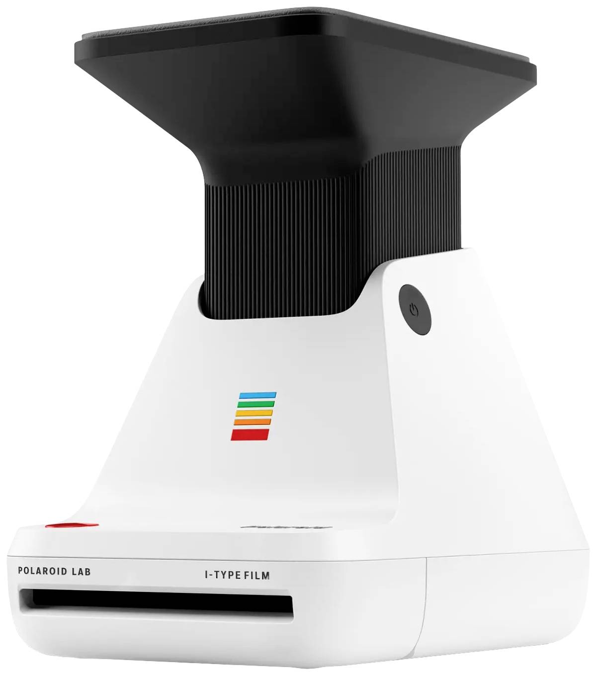 Weißer Polaroid-Drucker mit schwarzem oberen Teil und farbigem Logo. Drucken von Bildern auf I-Type-Film.