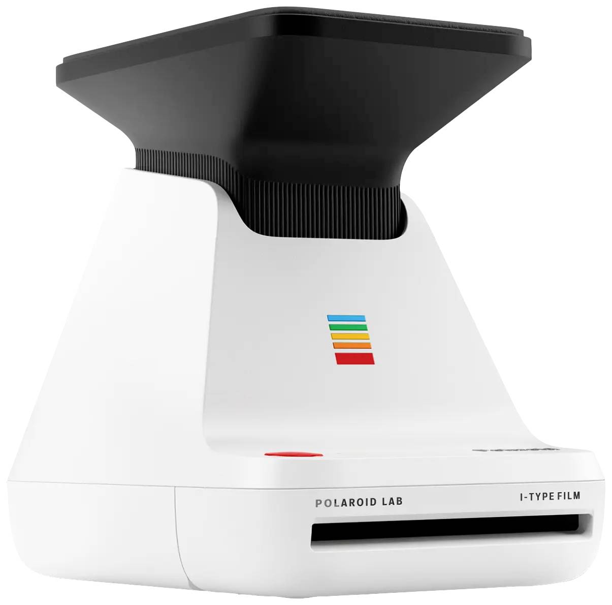 Ein weißes Polaroid-Druckgerät namens 'Polaroid Lab', das Sofortbilder druckt, kompatibel mit i-Type Film; modernes, kompaktes Design.