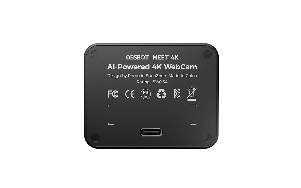 Rückseite einer Webcam mit USB-C-Anschluss, Beschriftung 'AI-Powered 4K WebCam', Hinweise zu Design und Fertigungsstandort in China.