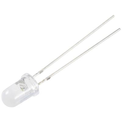 Ein transparentes LED mit zwei silbernen Anschlussdrähten, auf weißem Hintergrund.