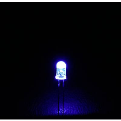 Eine leuchtende blaue LED vor einem dunklen Hintergrund.