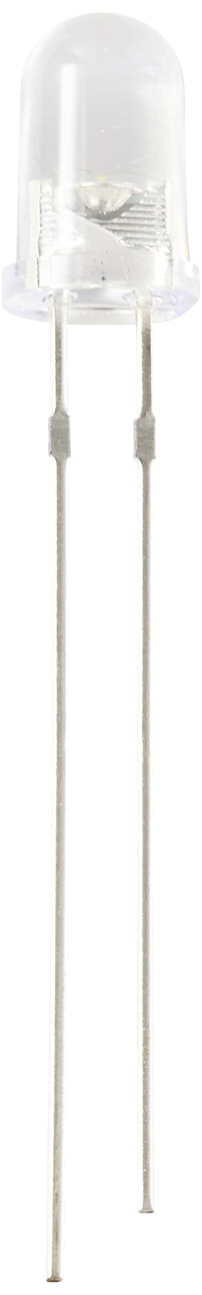 Durchsichtige LED-Diode mit zwei Metallanschlüssen, stehende Ansicht.
