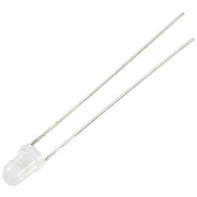 Eine weiße Leuchtdiode (LED) mit zwei langen Metallbeinen auf weißem Hintergrund.