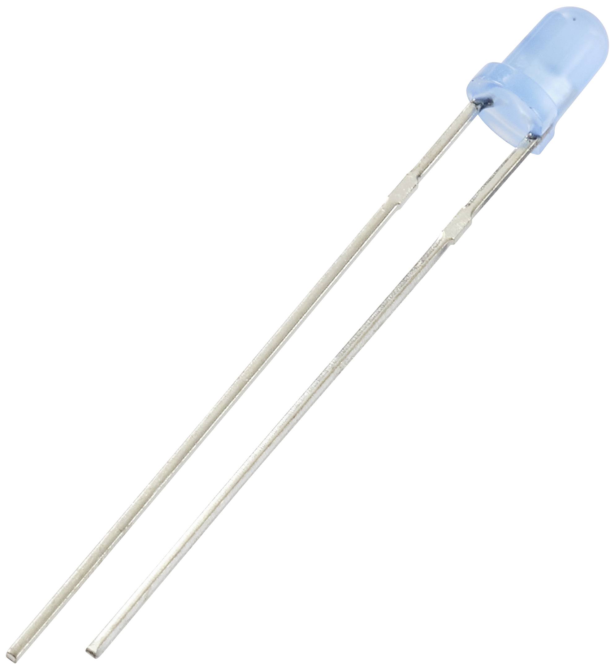 Ein blauer Leuchtdiode (LED) mit zwei Metallanschlüssen, gezeigt in Nahaufnahme. Sie wird oft in elektronischen Projekten verwendet.