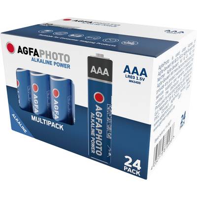 'AGFAPHOTO Alkaline Power' AAA-Batterien, Multipack mit 24 Stück. Verpackung zeigt Batterie und Markenname.