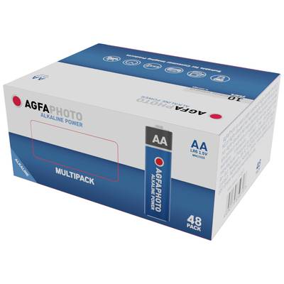 Verpackung mit 48 AGFAPHOTO Alkaline Power AA-Batterien.