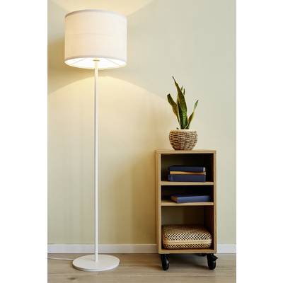 Stehlampe neben einem kleinen Regal auf Rollen, das eine Pflanze, Bücher und ein Kissen enthält, in einem hellen Raum.