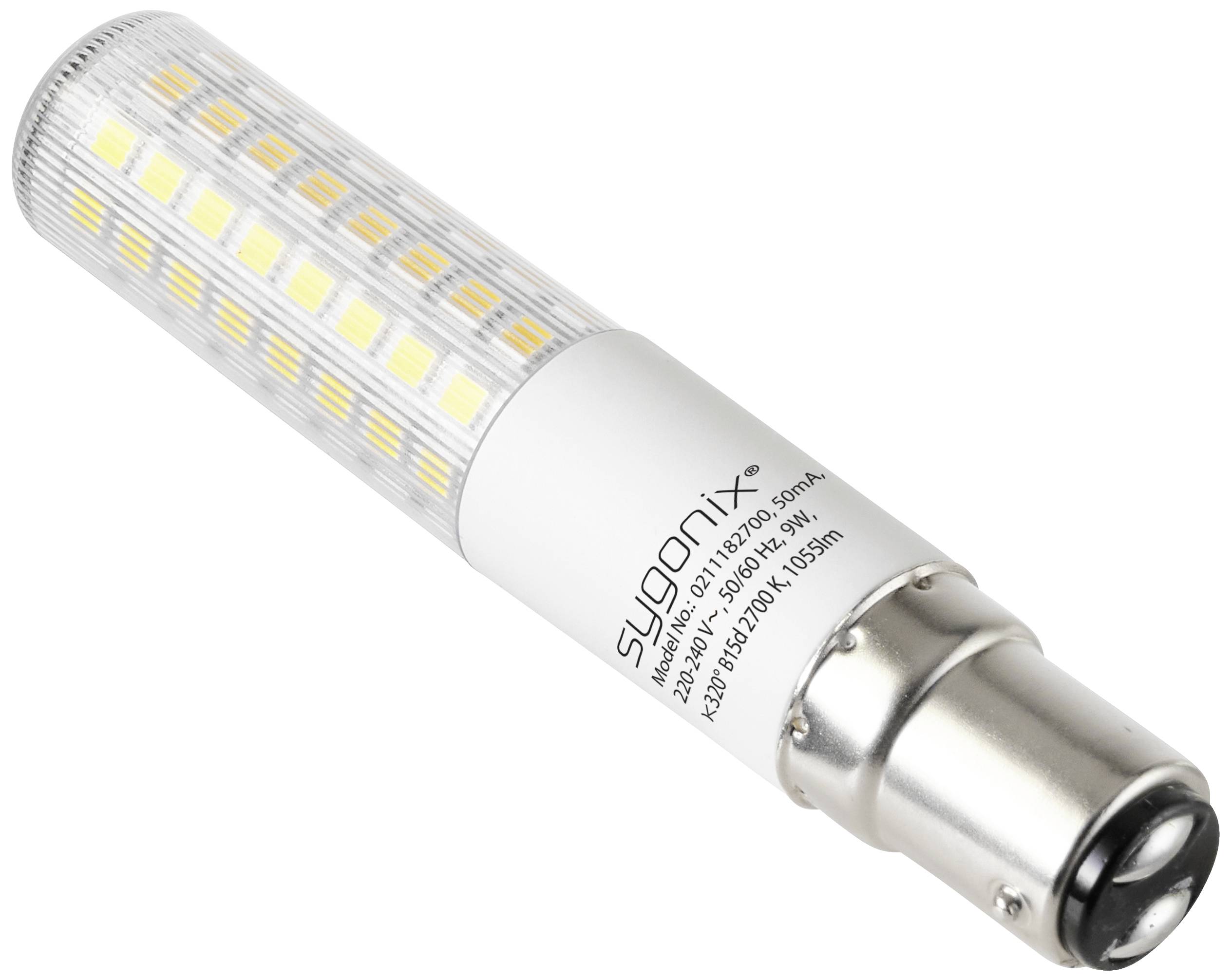 Eine LED-Lampe mit vielen kleinen leuchtenden Dioden auf der Oberfläche, zylindrische Form, Sockel für Anschluss an Fassung.