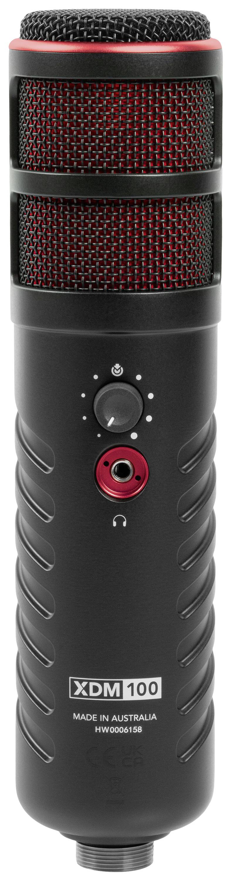 Schwarzes Mikrofon mit rotem Akzent, Modell 'XDM 100', hergestellt in Australien. Ideal für Tonaufnahmen und Sprachübertragung.