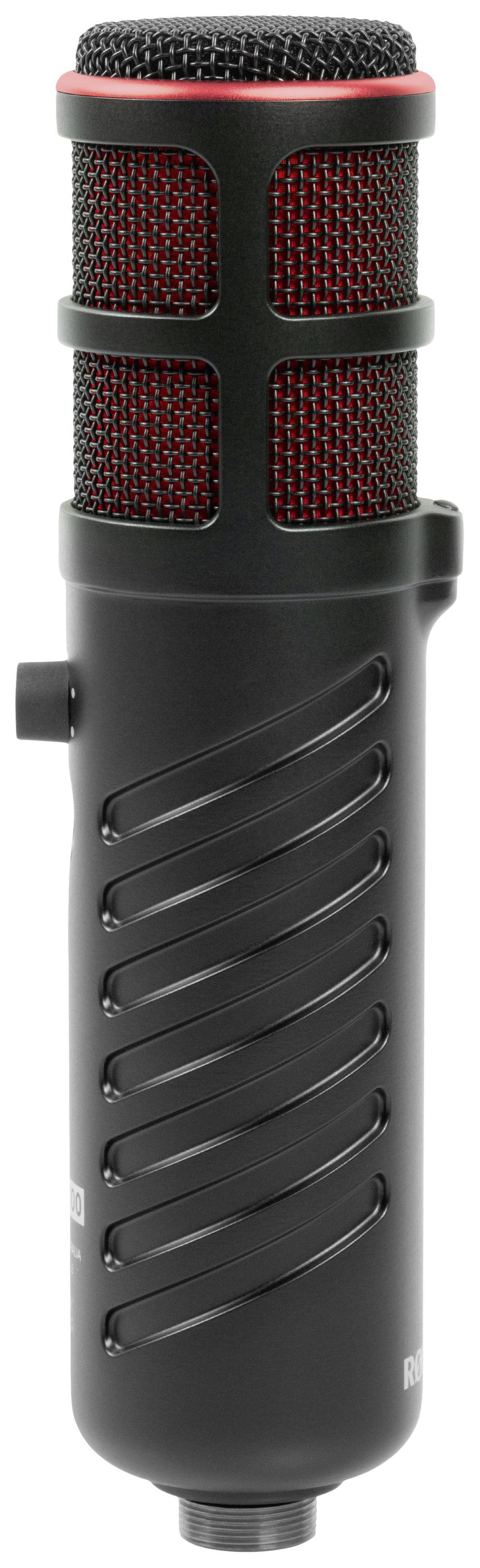 Schwarzes Mikrofon mit rotem Akzent, vertikal aufgestellt. Geeignet für Studioaufnahmen oder Podcasts.