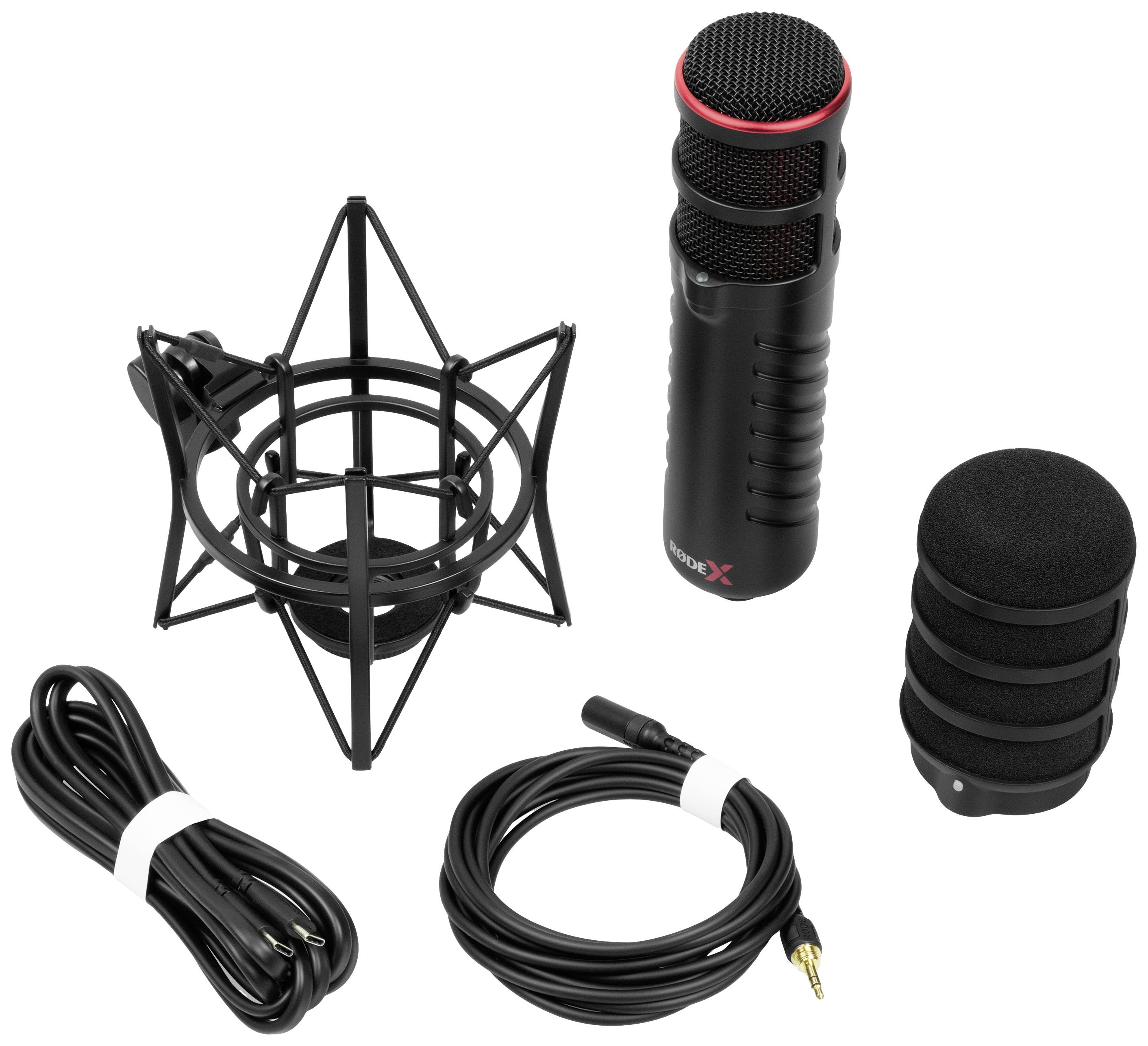 Mikrofonset mit USB-Mikrofon, zwei Kabeln, Mikrofonhalterung und Popschutz, ideal für Aufnahme oder Podcasting.