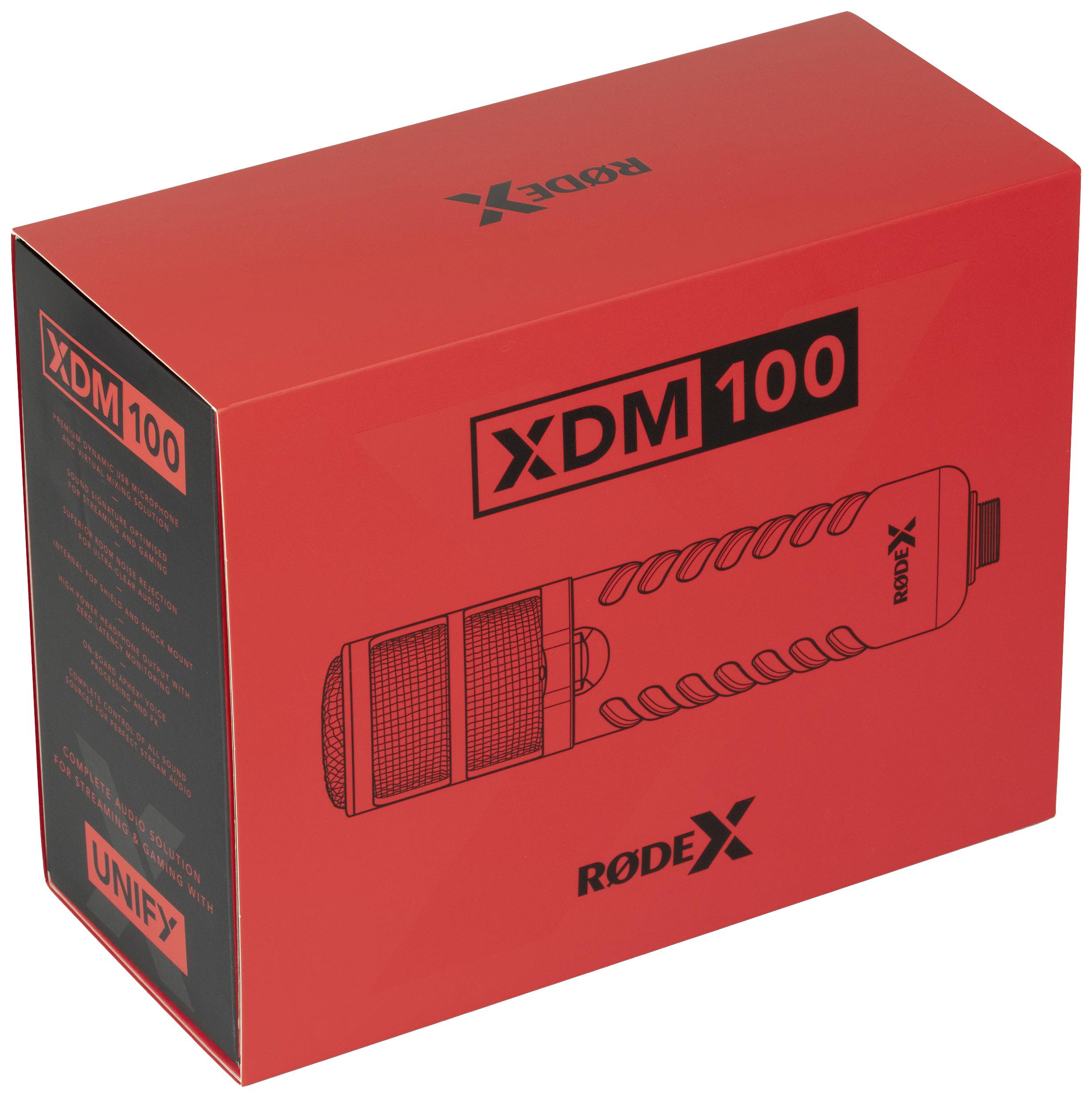 Rote Verpackung des 'RODE XDM-100' Mikrofons. Vorderseite zeigt Mikrofongrafik und Produktlogo. Verpackung steht aufrecht.