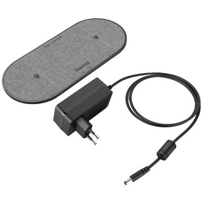 Kabelloses Ladegerät von Hama, oval mit grauer Oberfläche, zwei Ladeflächen, inklusive schwarzem Netzkabel und Adapter.