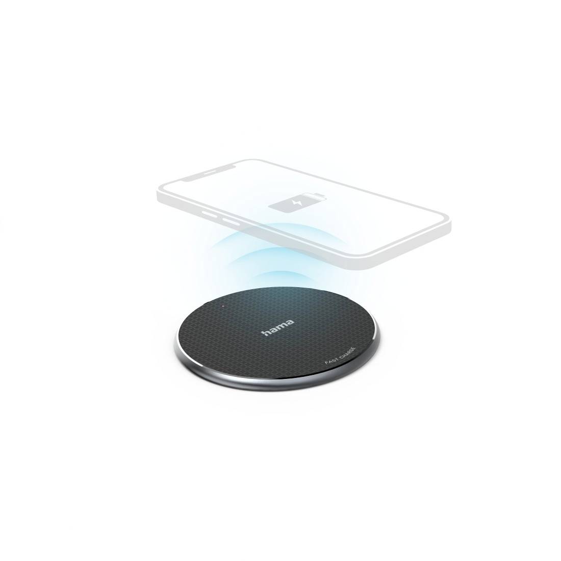 Ein Smartphone wird kabellos auf einem Ladepad aufgeladen. Ein Ladesymbol zeigt den Fortschritt des Ladevorgangs an.