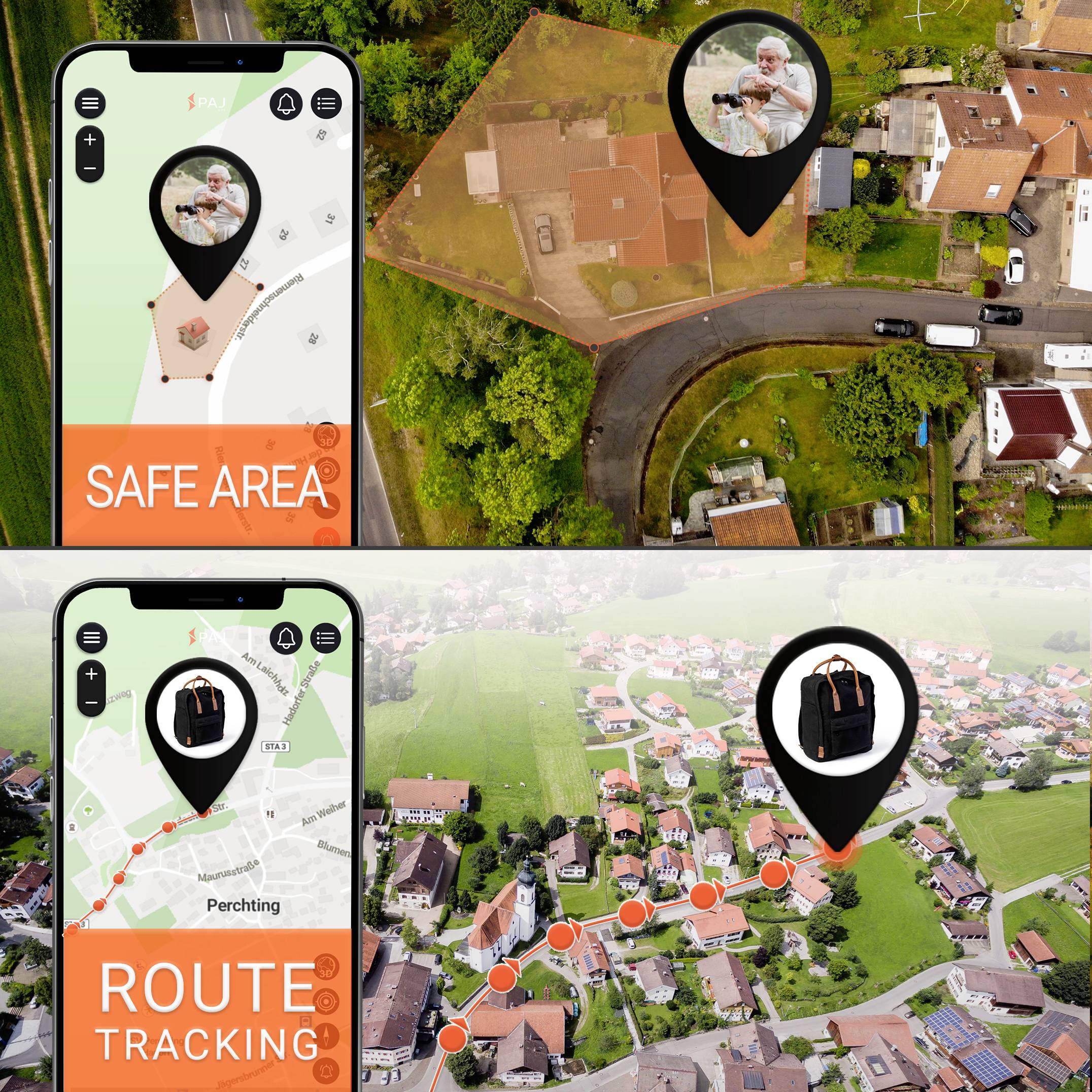 Zwei Karten auf Smartphones zeigen 'Sicherheitsbereich' und 'Routenverfolgung' in einem Dorf. Eine ältere Person ist auf beiden Karten markiert.