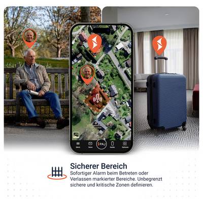 Werbegrafik zu 'Sicherer Bereich': Smartphone-Karte markiert sichere Zonen mit Alarm, daneben Person im Freien und Koffer im Zimmer mit Standort-Markern.