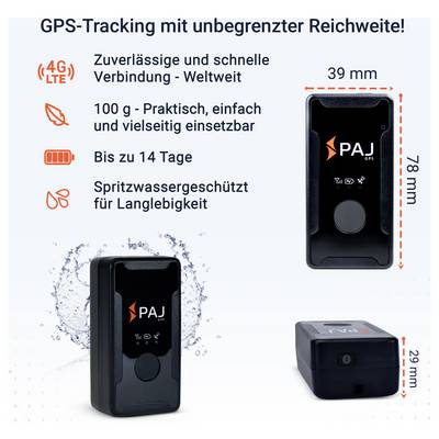 Werbegrafik für einen PAJ GPS-Tracker mit den Merkmalen 4G/LTE, weltweite Verbindung, 100 g, bis zu 14 Tage Akku und spritzwassergeschützt; zeigt das Gerät in mehreren Ansichten mit Maßen 39 × 78 × 29 mm.