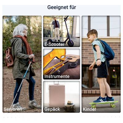 Übersicht 'Geeignet für' mit vier Fotos: Senioren, E-Scooter, Instrumente, Gepäck und Kinder; zeigt passende Zielgruppen und Verwendungsbereiche.