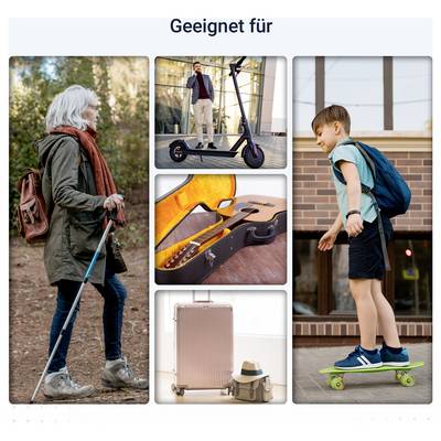 Collage mit der Überschrift 'Geeignet für': ältere Frau mit Wanderstock, Mann auf E-Scooter, Kind auf Skateboard sowie Koffer und Gitarrenkoffer als Reisebeispiele.