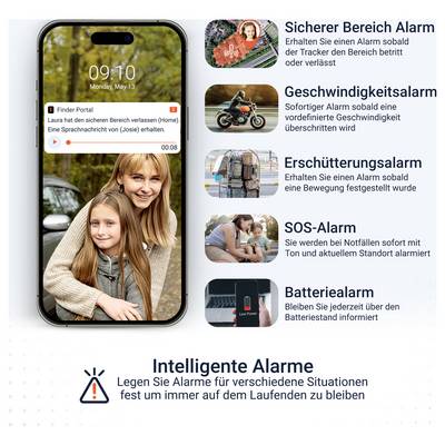 Werbegrafik zu 'Intelligente Alarme': Smartphone mit Alarmbenachrichtigung und Liste von Alarmarten wie sicherer Bereich, Geschwindigkeit, Erschütterung, SOS und Batterie.<br>