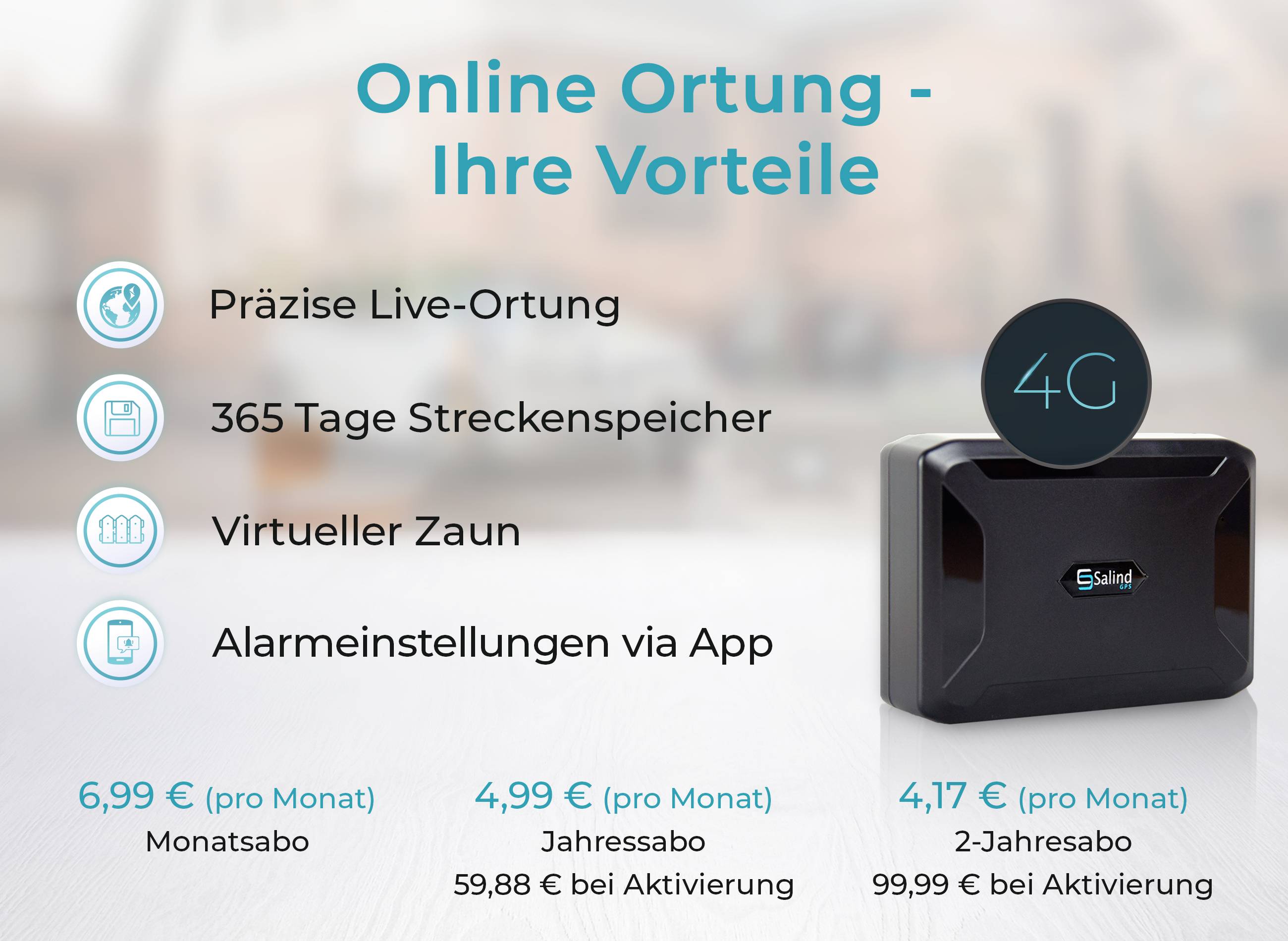 Die Grafik beschreibt Vorteile der Online-Ortung: präzise Live-Ortung, 365-Tage-Speicher, virtueller Zaun, Alarme per App. Preise ab 4,17 EUR.