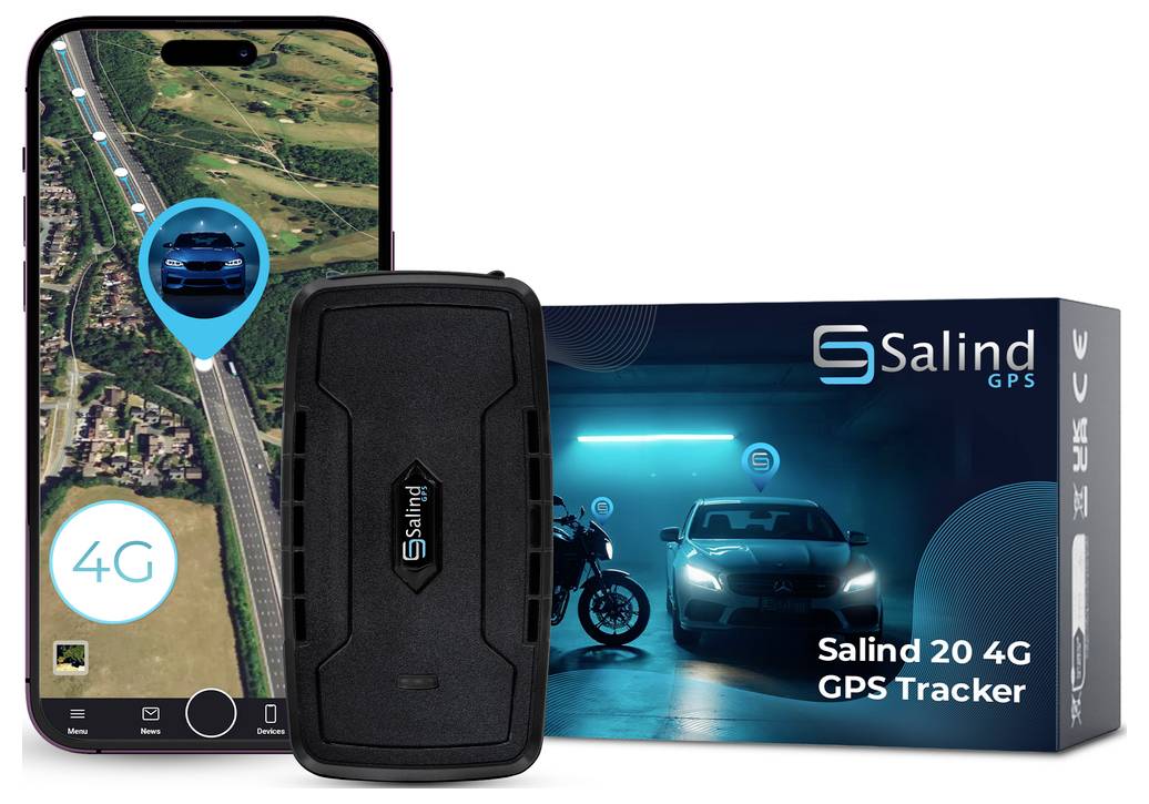 Werbegrafik für 'Salind 20 4G GPS Tracker': schwarzer Tracker vor Smartphone mit Kartenansicht und Produktverpackung.<br>