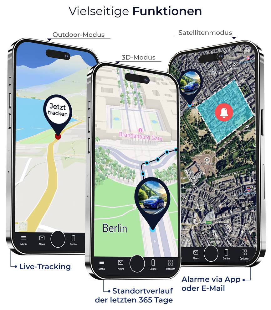 Werbegrafik mit drei Smartphones für Ortungs-App: Outdoor-, 3D- und Satellitenmodus, Live-Tracking, Standortverlauf der letzten 365 Tage sowie Alarme via App oder E-Mail.