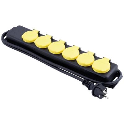 Ein schwarzer Steckdosenblock mit fünf gelben Steckplätzen und einem angeschlossenen schwarzen Kabel mit Stecker.