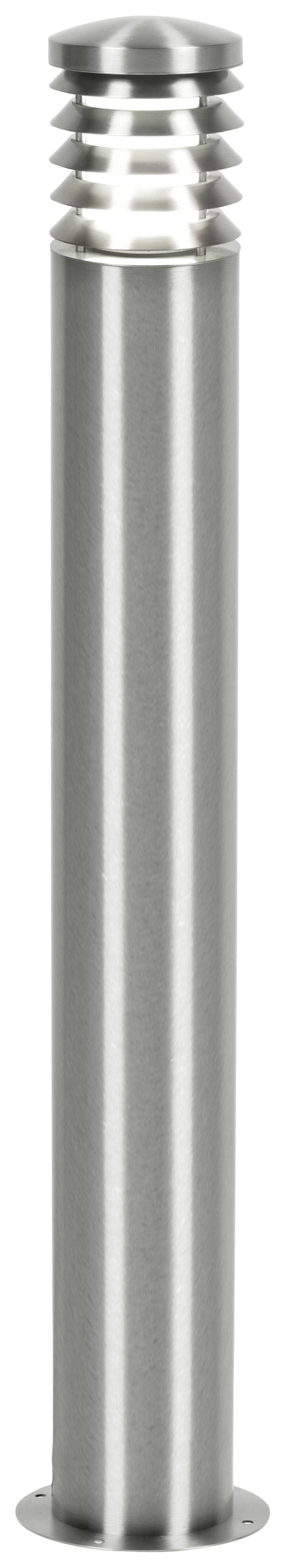 Eine schmale, zylindrische Edelstahl-Säule mit gerillter Spitze, möglicherweise für Lichtinstallationen oder Dekoration geeignet.