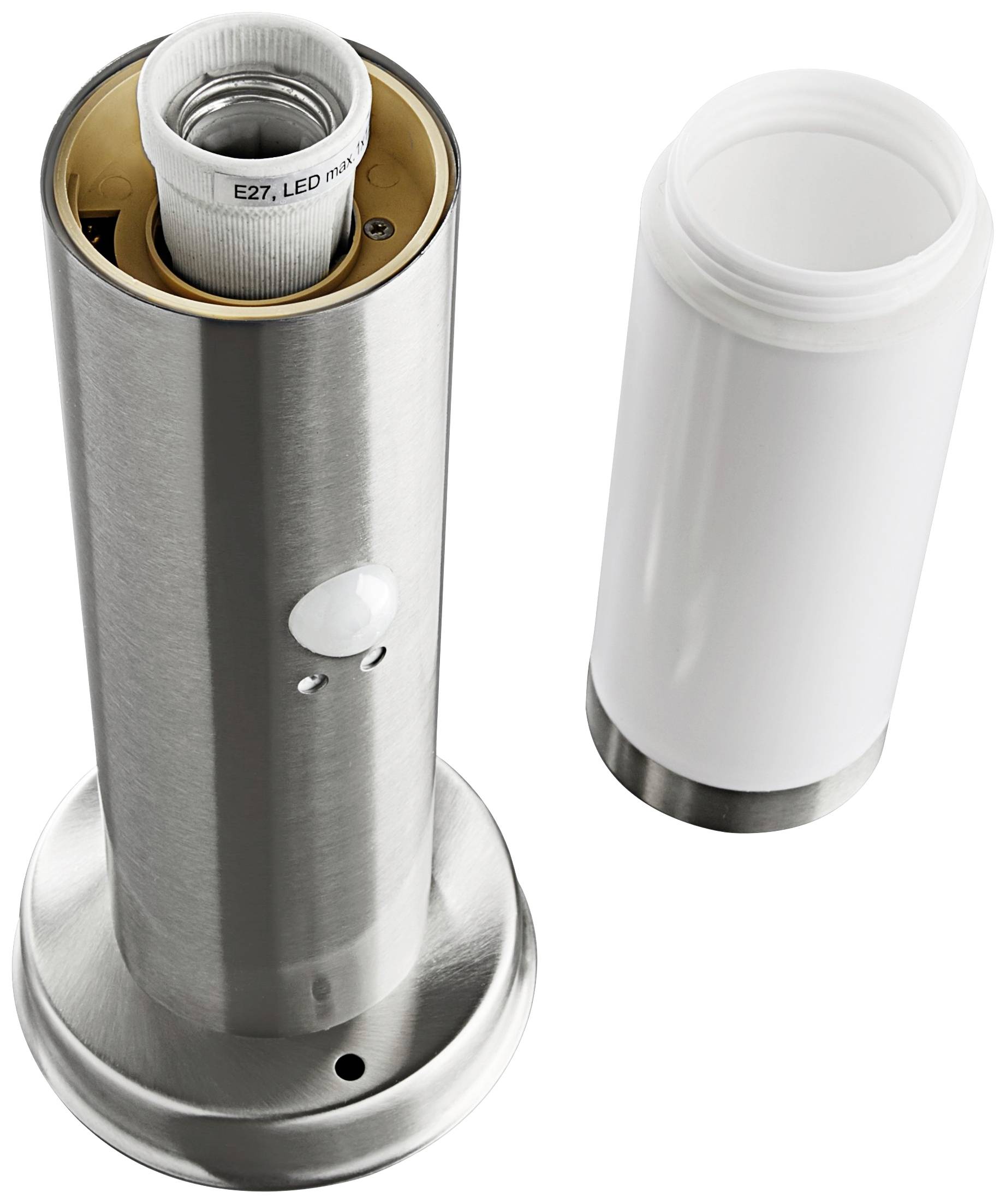 Metallene Leuchte mit entfernbarem weißen Kunststoffschirm, geöffnet, um LEDs sichtbar zu machen. E27 LED max. 15W-Etikett vorhanden.