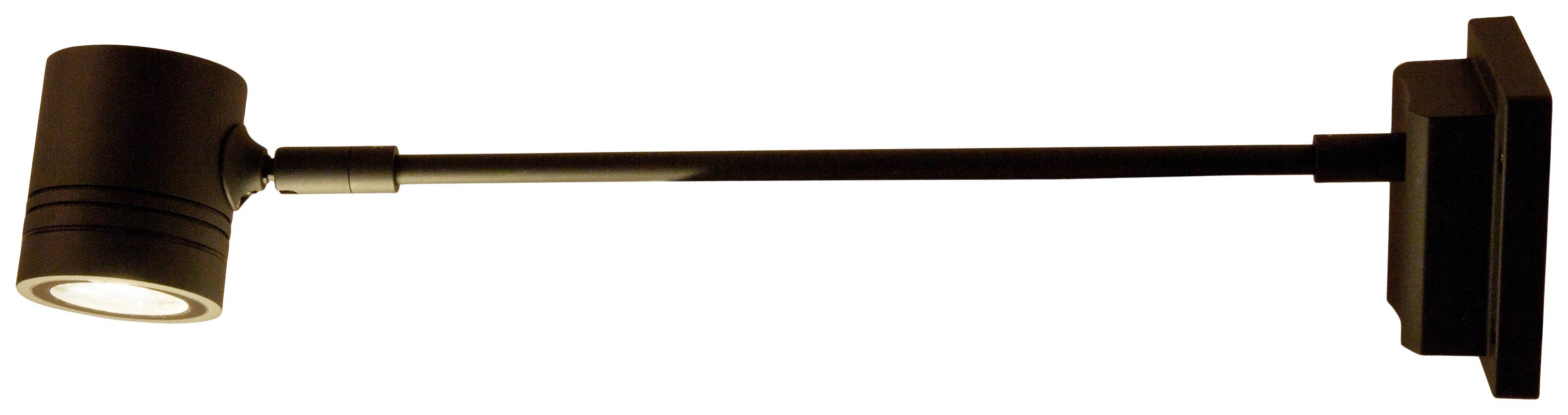 Eine schlanke, moderne schwarze Wandlampe mit einem langen, schwenkbaren Arm und einem zylinderförmigen Lampenkopf.