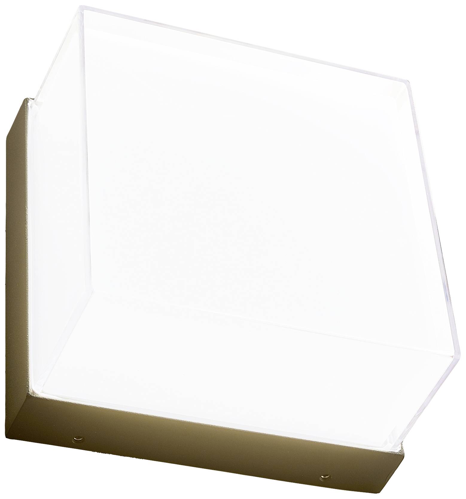 Weiße geometrische Wandlampe mit bronzefarbenem Sockel, modernes Design. Geeignet zur Beleuchtung von Innenräumen.