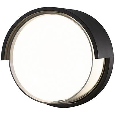 Eine runde, schwarze Wandleuchte mit einem schützenden Rahmen, die gleichmäßiges, warmweißes Licht ausstrahlt, ideal für Außenbereiche.