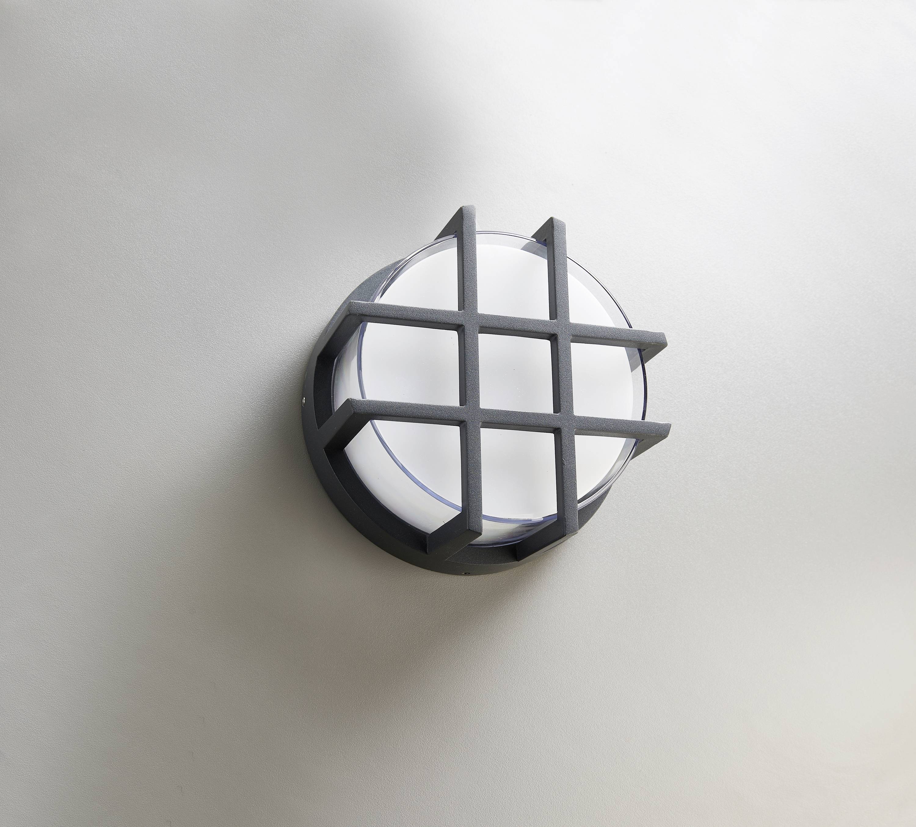 Runde Wandleuchte mit einem Gitter im industriellen Design. Befestigt an einer grauen Wand.