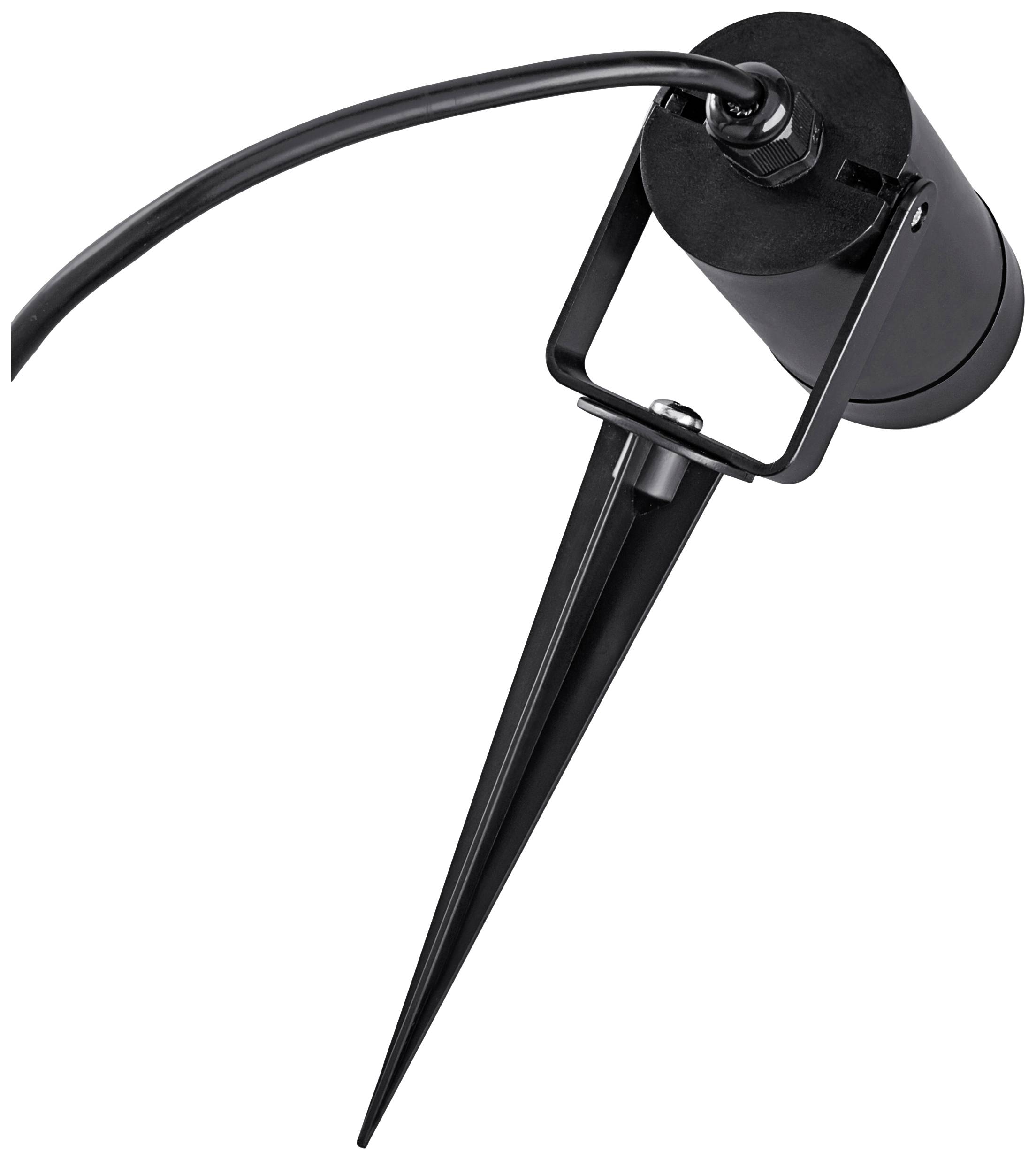 Schwarzer Outdoor-Strahler mit Erdspieß und Kabel, geeignet zur Gartenbeleuchtung.