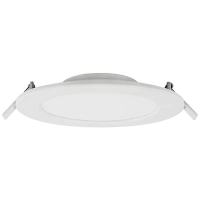 Ein runder, flacher LED-Deckenstrahler in Weiß mit zwei seitlichen Befestigungsklammern.