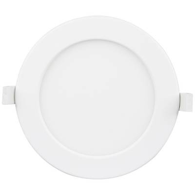 Runde, weiße LED-Deckeneinbauleuchte mit glatter Oberfläche und zwei seitlichen Befestigungsklammern.