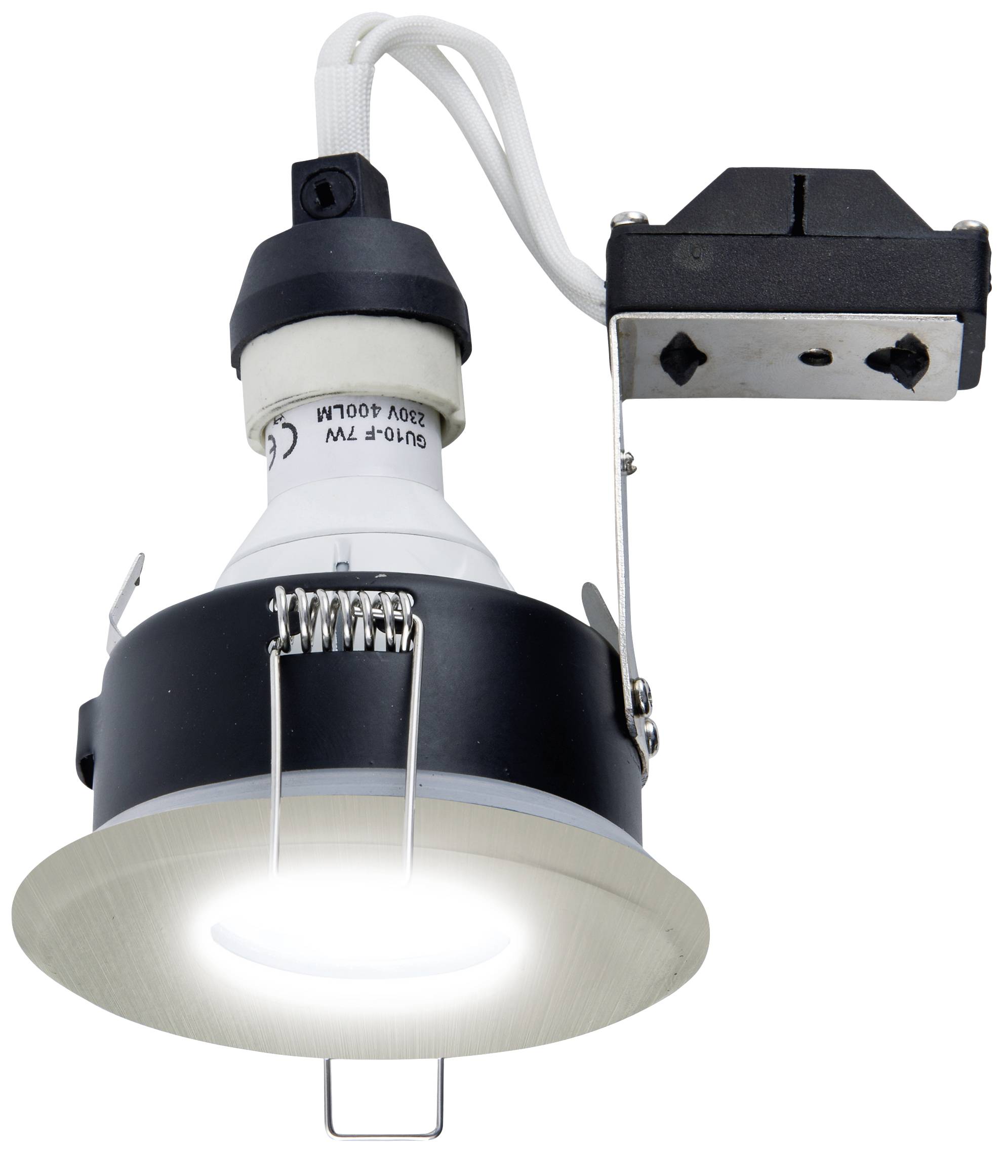 Ein runder LED-Deckeneinbaustrahler leuchtet hell auf. Das Gehäuse ist silbern mit einem weißen inneren Bereich. Kabel und Halterung sichtbar.