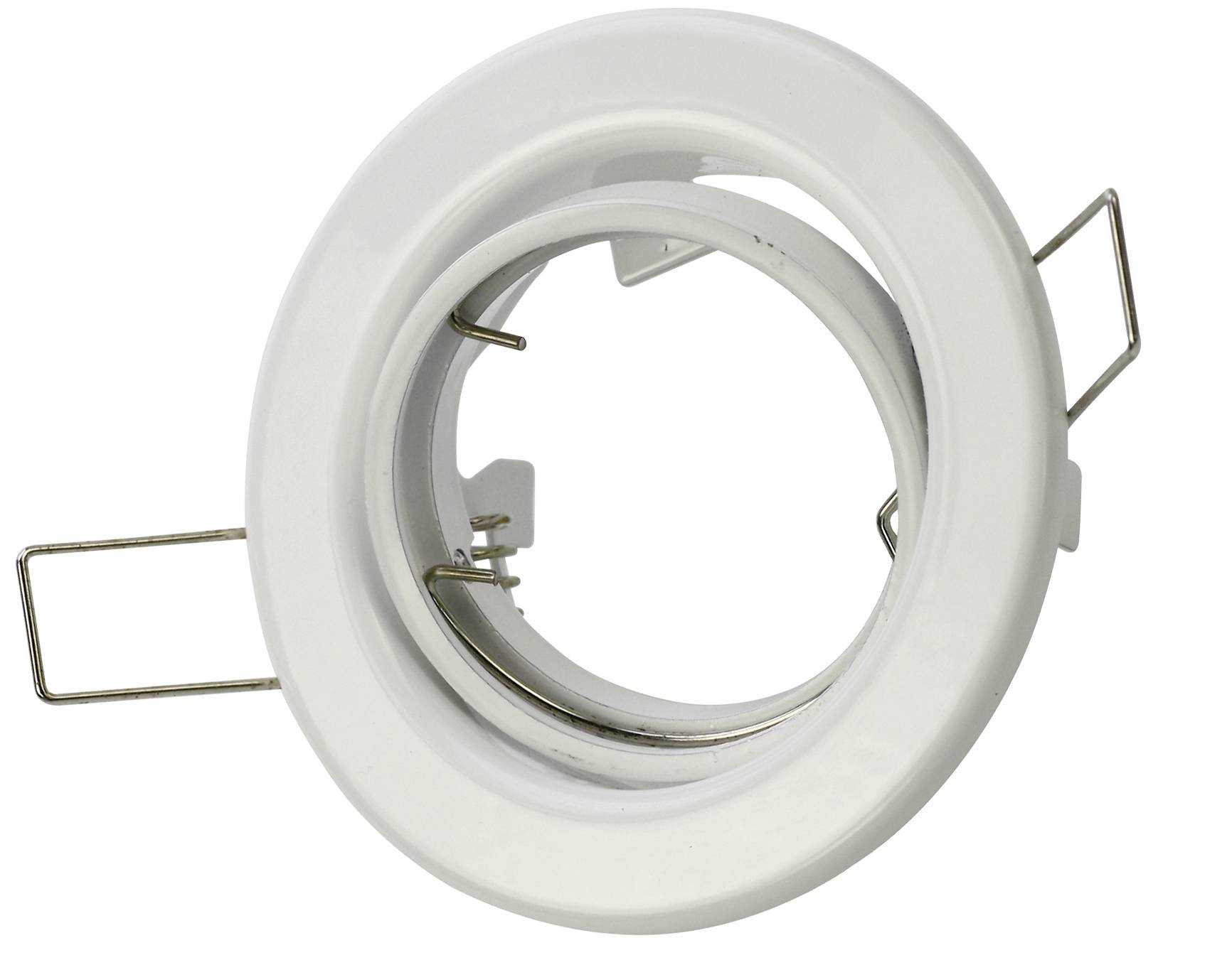 Runder, weißer Deckenstrahler-Halter aus Metall, mit Federn zur Befestigung in abgehängten Decken.