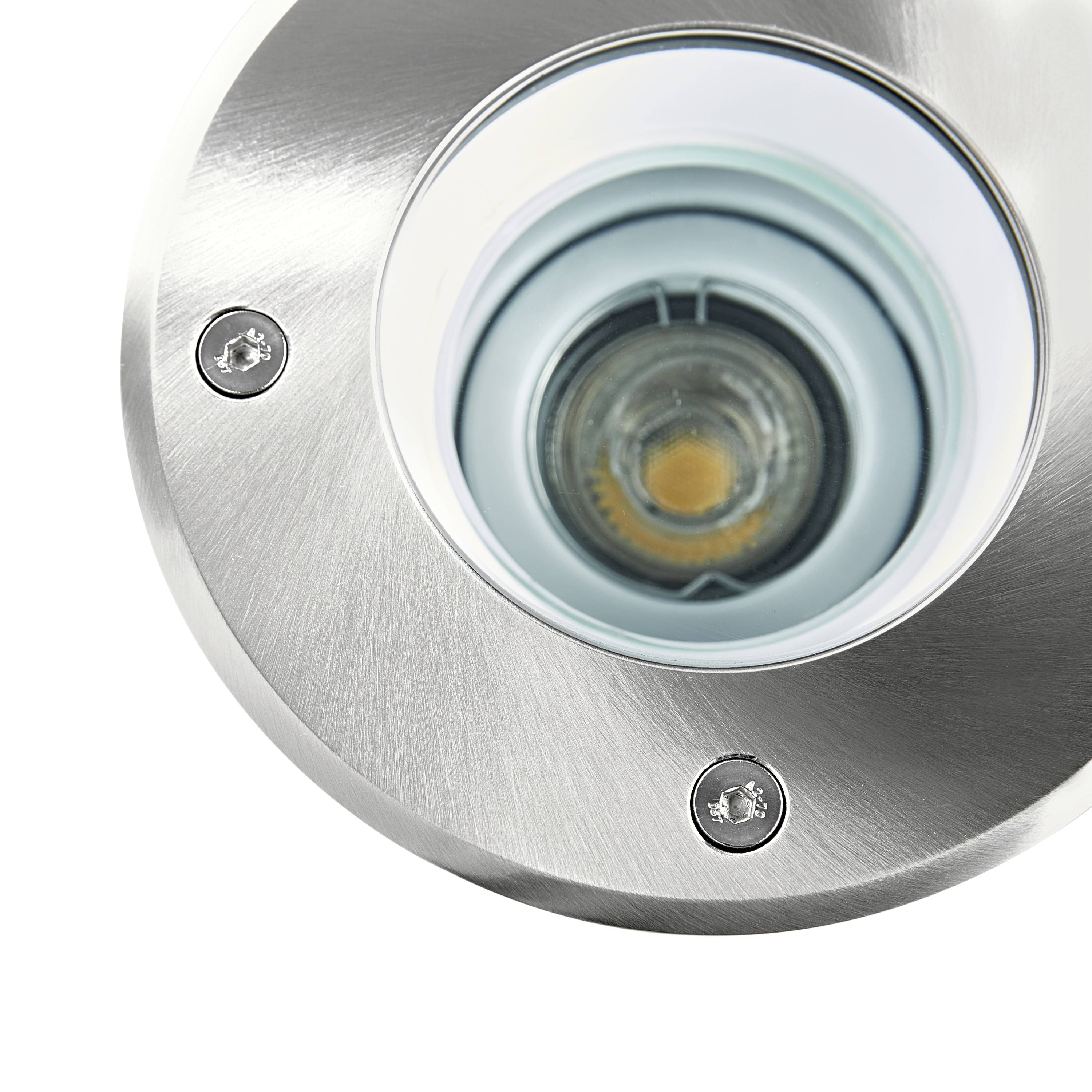 Runde, silberne Einbauleuchte mit sichtbarer LED-Birne. Ideal für deckenbündige Installation in Wohn- oder Geschäftsbereichen.