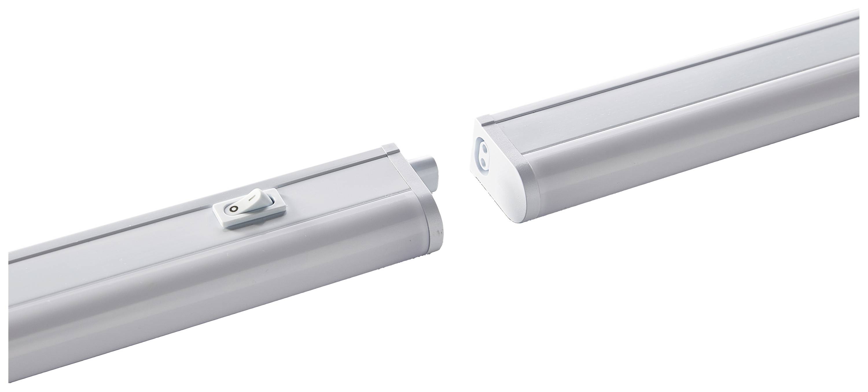 Zwei LED-Lichtleisten, eine mit Schalter, die andere mit Anschluss, sind in hellem Design zur modularen Verbindung dargestellt.
