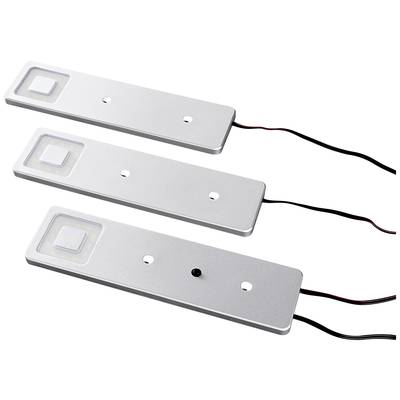 Drei rechteckige LED-Leuchten mit silbernem Gehäuse und angeschlossenen schwarzen und roten Drähten, horizontal nebeneinander.