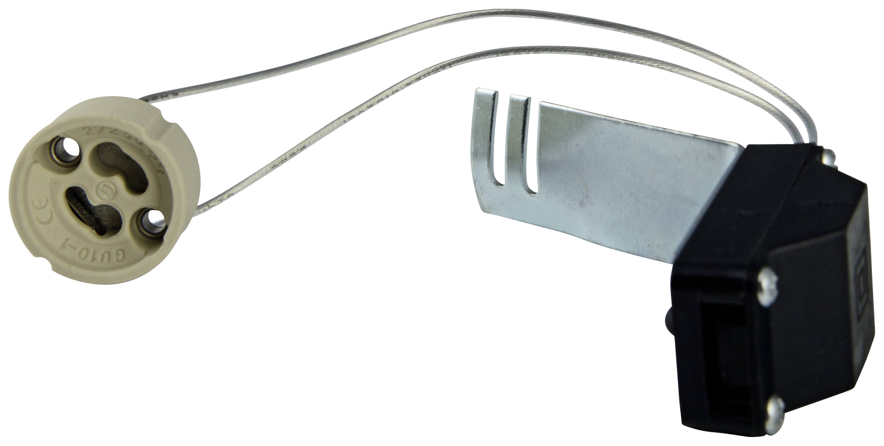 Ein elektrischer Lampensockel mit Anschlussdrähten, aus Metall und Kunststoff gefertigt.