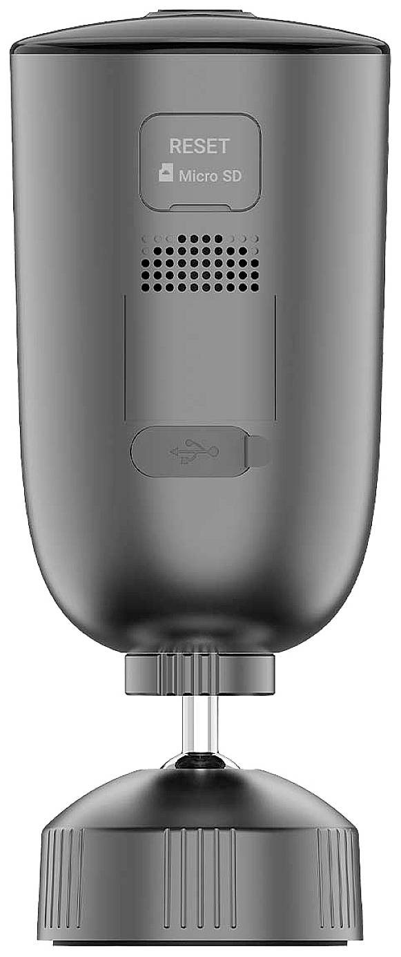 Eine schwarze Überwachungskamera mit zylindrischem Gehäuse steht auf einem verstellbaren Standfuß. Oben sind ein 'RESET'-Knopf und ein Micro-SD-Slot sichtbar.