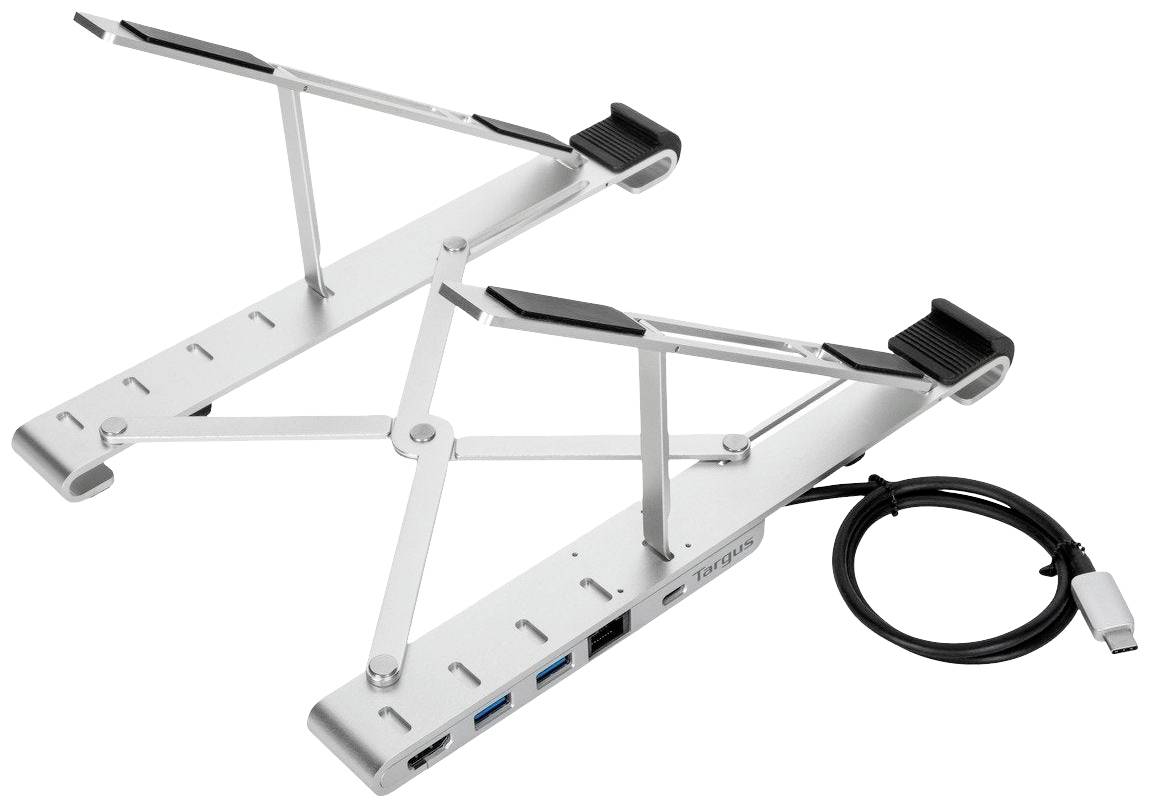 Ein silberner Laptop-Ständer aus Metall mit USB-Anschlüssen und einem angeschlossenen Kabel, das flach und zusammenklappbar ist.
