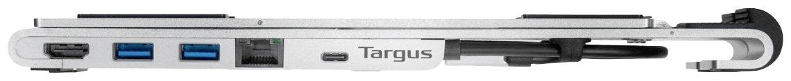 Ein silberfarbenes USB-C-Dockingstation mit zwei blauen USB-Anschlüssen, markiert mit dem Schriftzug 'Targus', liegt flach.