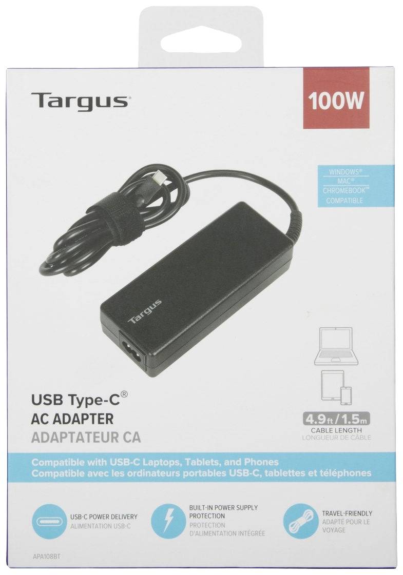 Abbildung eines Targus USB-C AC-Adapters mit 100W. Geeignet für Laptops, Tablets und Telefone mit USB-C. Kabel 1,5m lang.