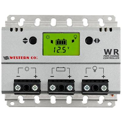 'PWM-Laderegler mit LCD-Anzeige, zeigt Ladestatus, Symbol für Solarenergie, Spannung 12,5V. Hersteller: Western Co.'