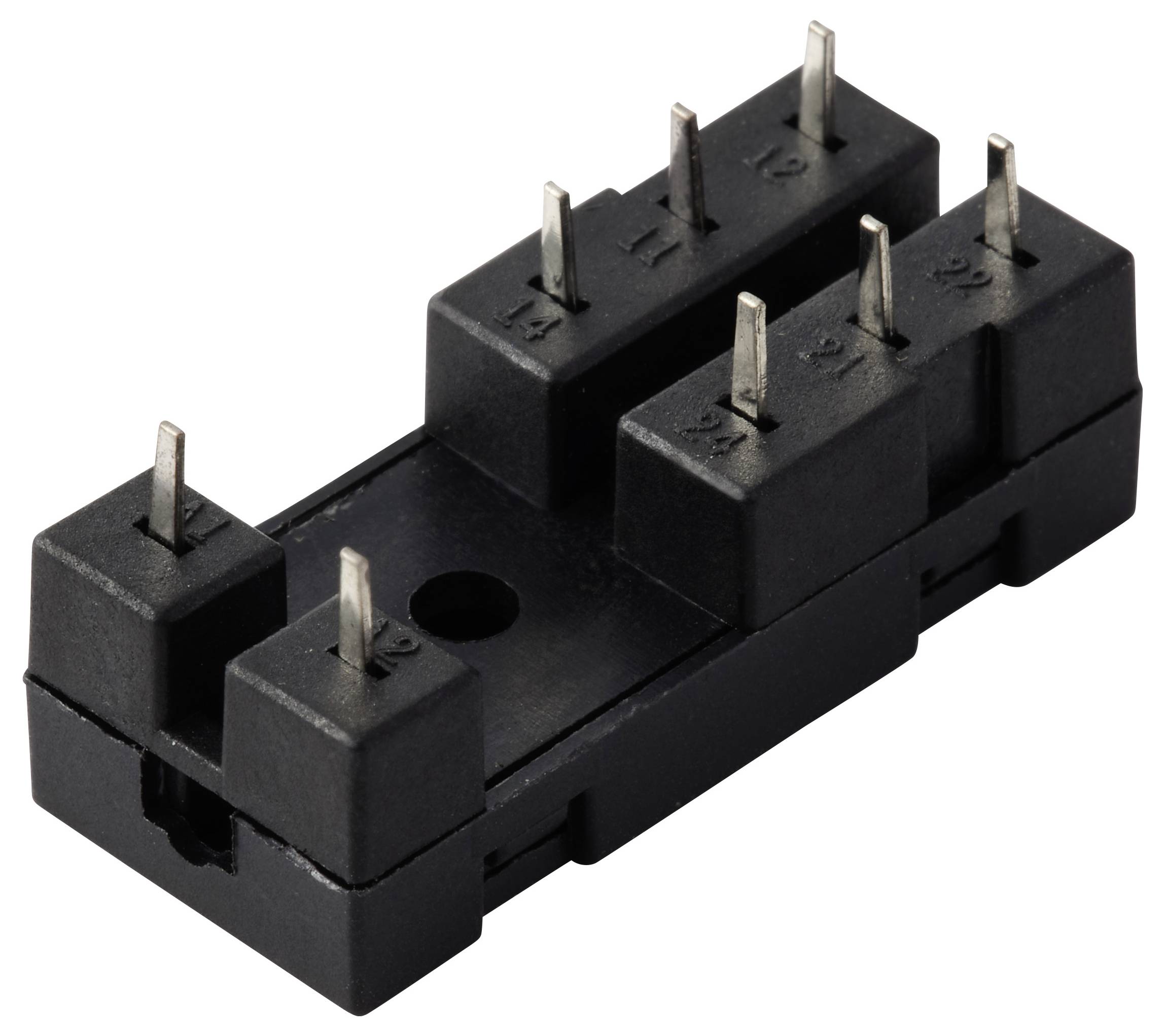 Ein schwarzer, rechteckiger elektronischer Steckverbinder mit sechs gleichmäßig angeordneten Metallstiften, der zum Verbinden von elektrischen Schaltkreisen oder Komponenten verwendet wird.