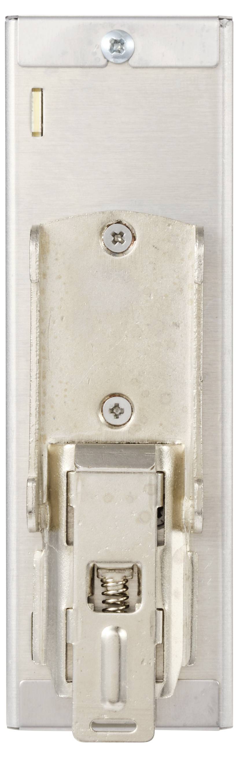 Metall-Wandmontage-Elektrogerät mit federbelassenem Stecker und zwei sichtbaren Schrauben, frontal vor einfachem Hintergrund gezeigt.